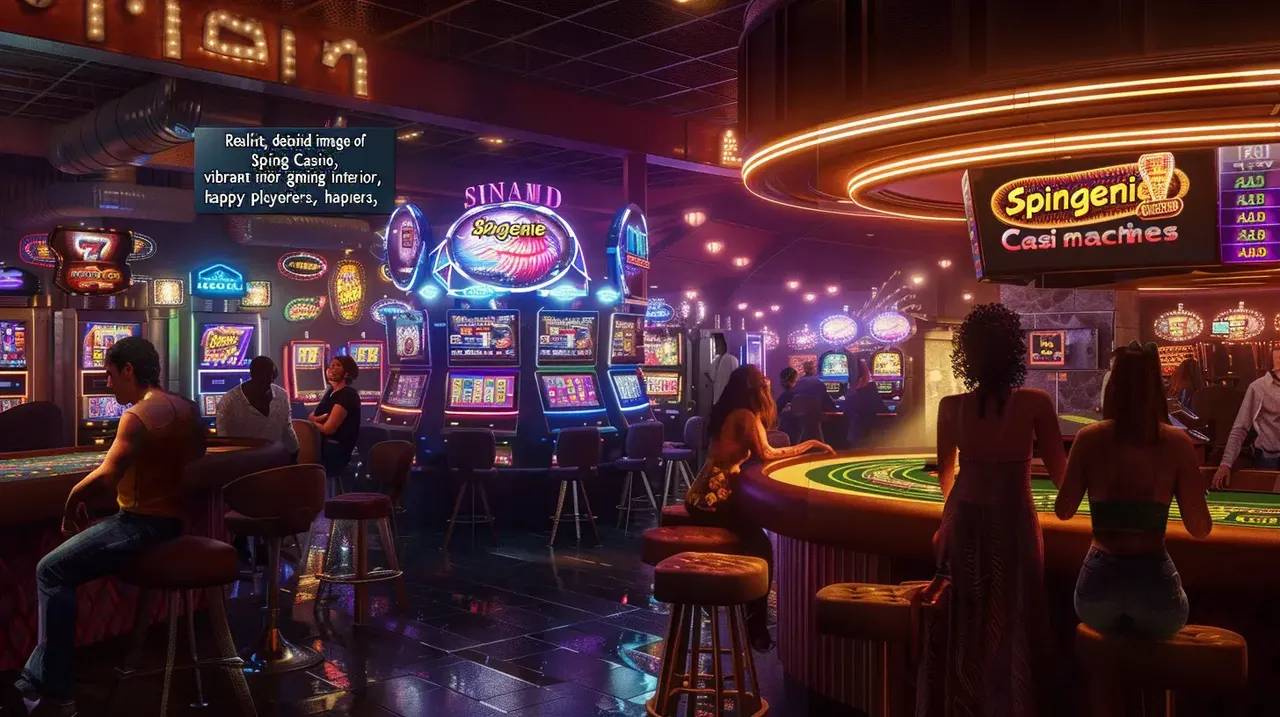 Interno di un casinò online moderno con slot machine e tavoli da gioco